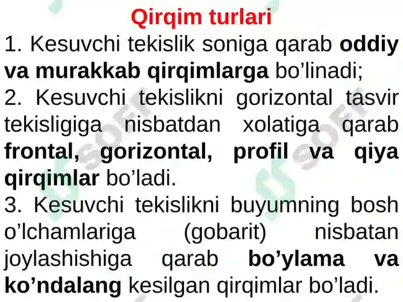 Qirqim va kesim. Og'ma kesim va uning haqiqiy kattaligini yasash 6