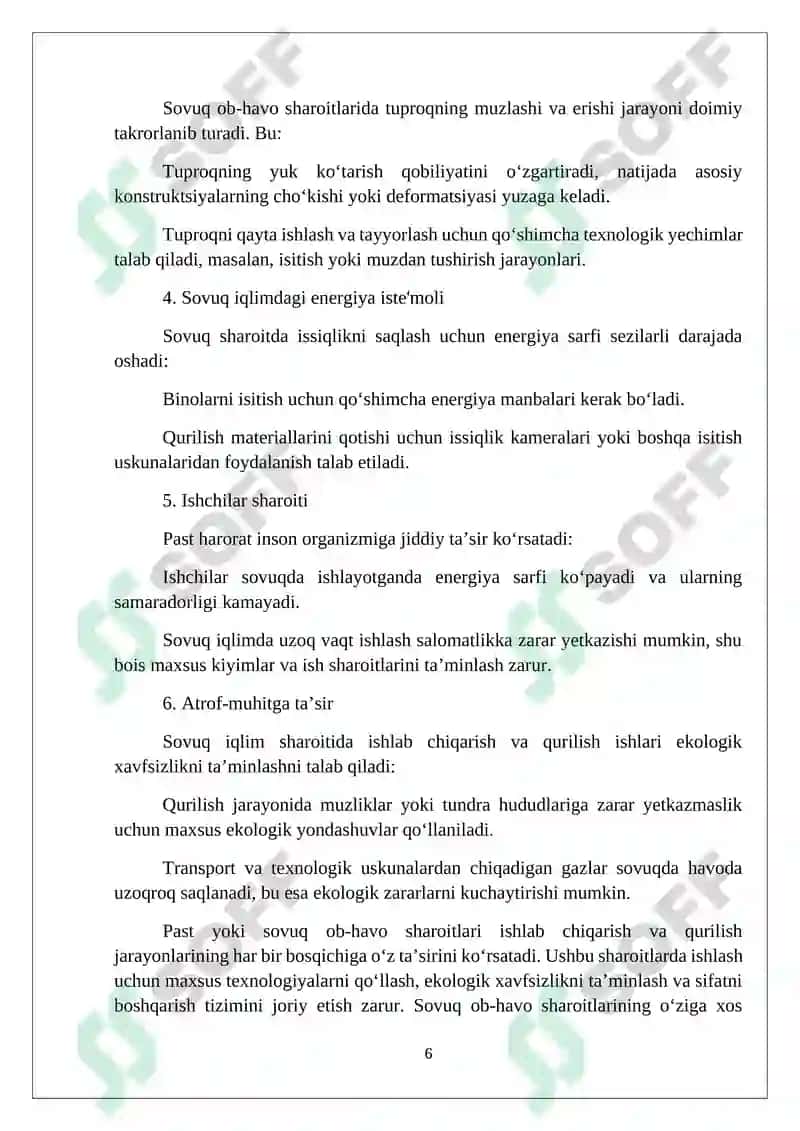 Past yoki sovuq ob-havo sharoitlarda ishlab chiqarish sifatini ta'minlashning oʻziga xos xususiyatlari; 6