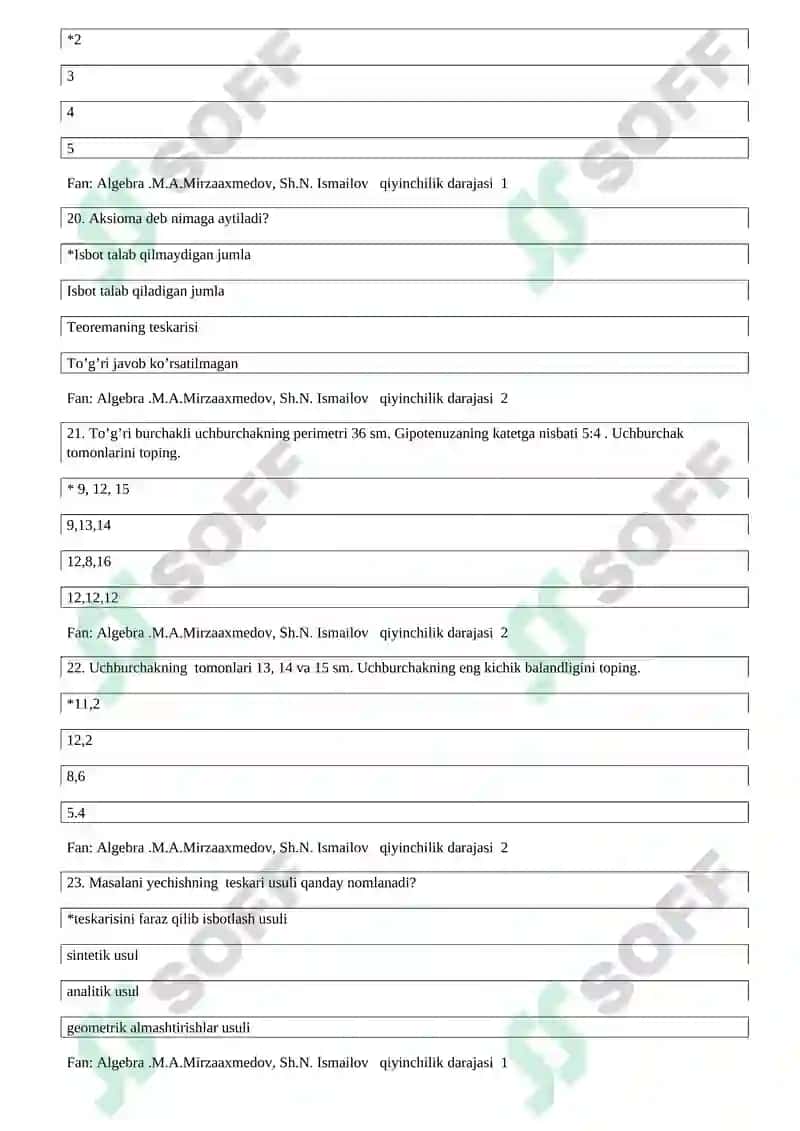 10-sinf matematika 200 ta test 6