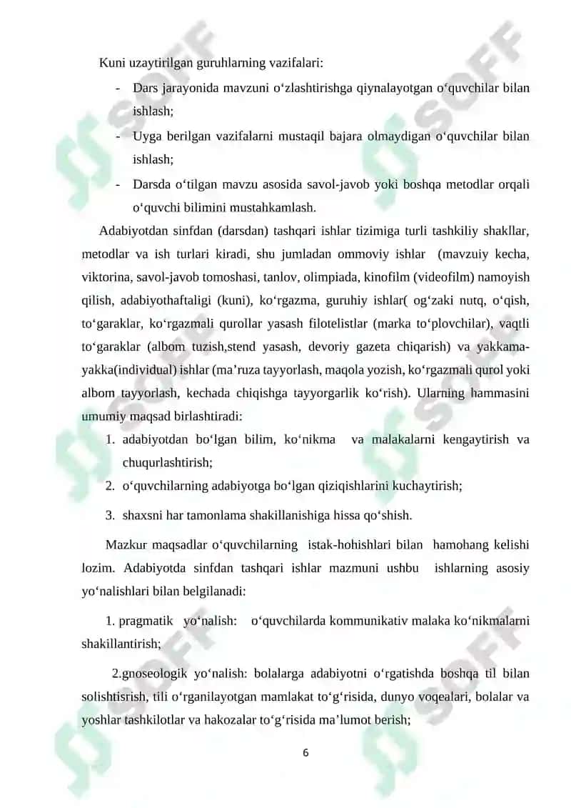 Adabiyotdan sinfdan tashqari mashg`ulotlarni tashkil etish va o`tkazish 6