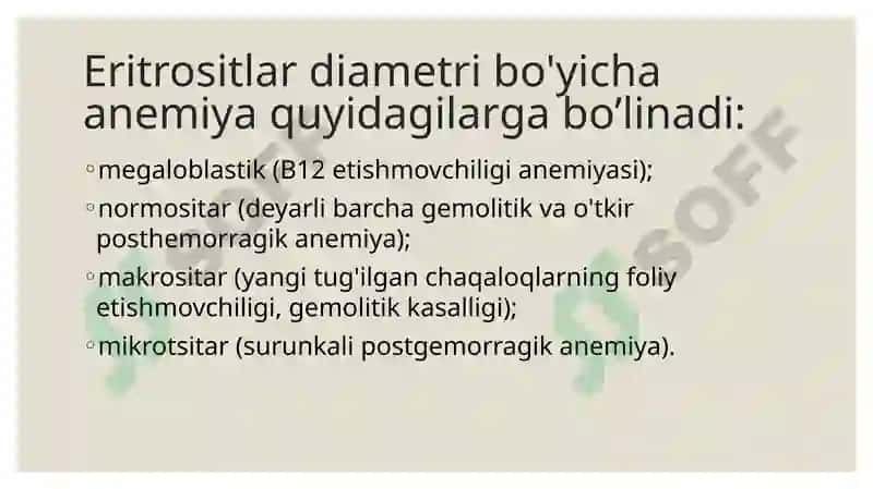 Anemiyalar.anemiyalar klassifikatsiyasi anemiyalar etiopatogenezi.anemiyani klinik labarator diagnostikasi 6
