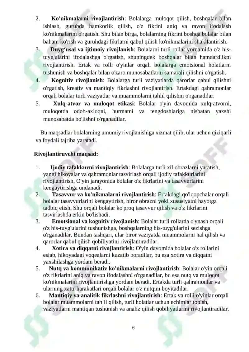 Teatrlashgan o’yin, ertak; (o’rta guruh) ‘’Qo’lqopchalar’’. Sujetli-rolli va  sahnalashtiruvchi markazi 6