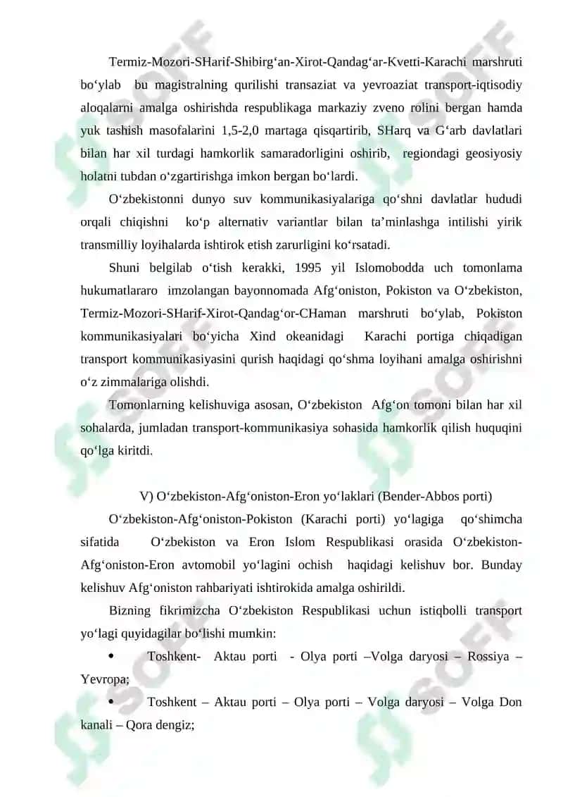 MАVZU №15. О‘ZBEKISTON XАLQАRO TRАNSPORT KOMMUNIKАSIYALАRI ( YО‘LАKLАRI ) 6