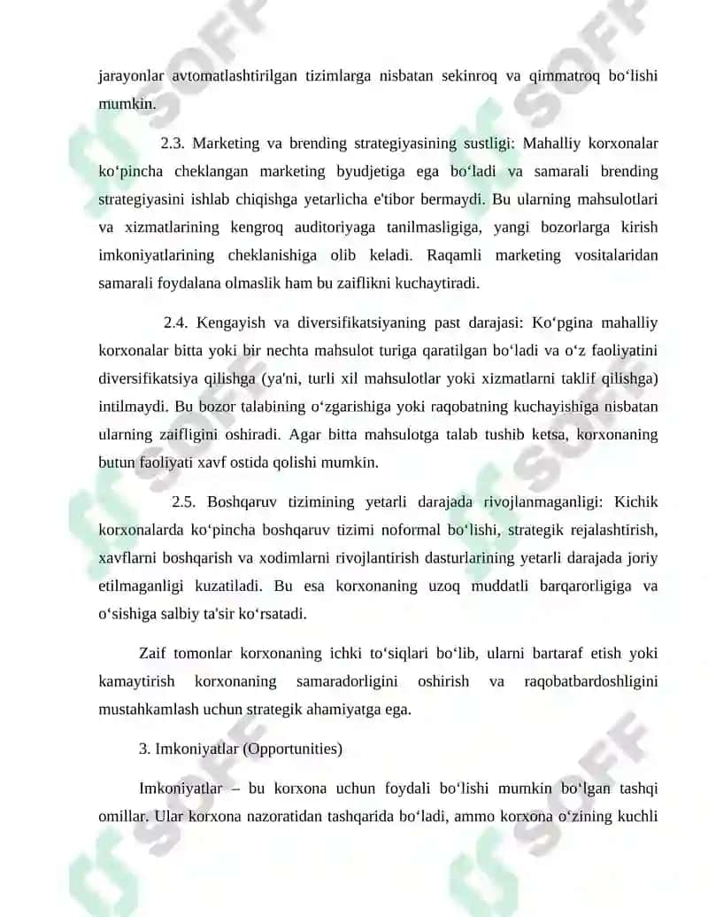 Mahalliy korxona boyicha swot tahlil tayyorlash, muammoni aniqlash va yechimlarni liyiha shaklida ishlab chiqish 6
