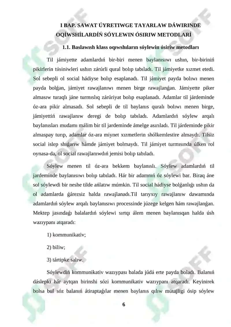 Álipbe dáwirinde oqıwshılardıń sóylewin ósiriw kurs jumısı 6