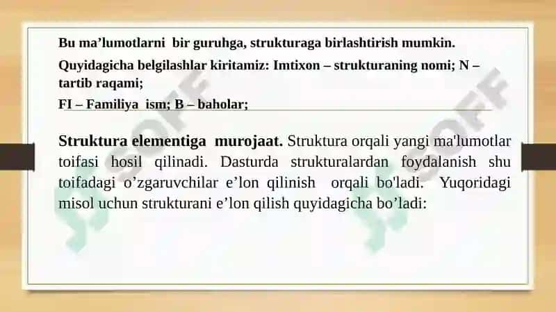 Tuzilmalar. Tuzilmalar tushinchasi. Tuzilmalarni e’lon qilish 6