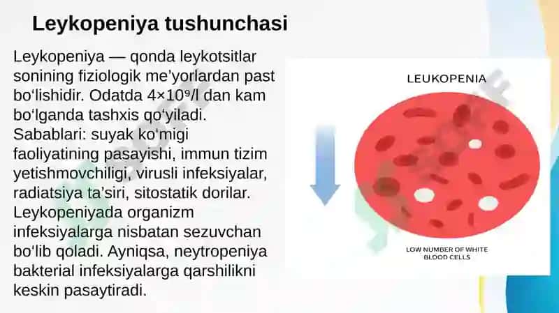Qon patofiziologiyasi. Leykotsitoz, leykopeniya va leykomoid reaksiyalar. Leykoz va uning turlari 6