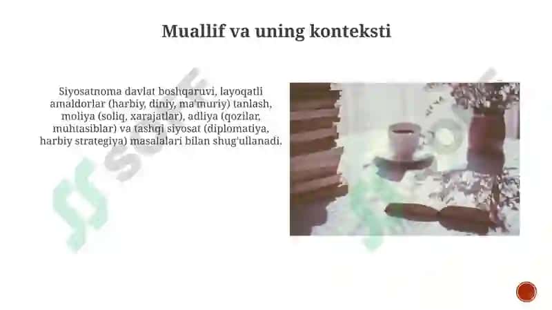 Nizomulmulkni Siyosatnoma asari mazmuni va mohiyatini yoritib berish 6