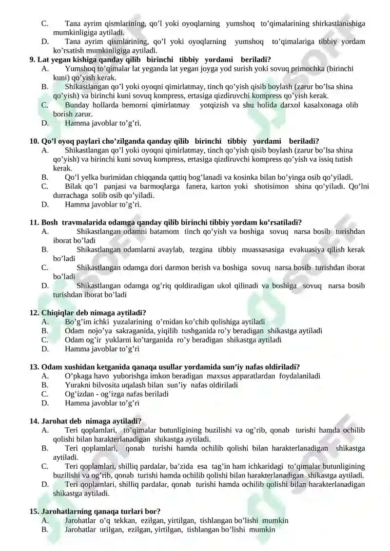 Chaqiruvga qadar boshlang’ich tayyorlik fanidan TEST SAVOLLARI 6