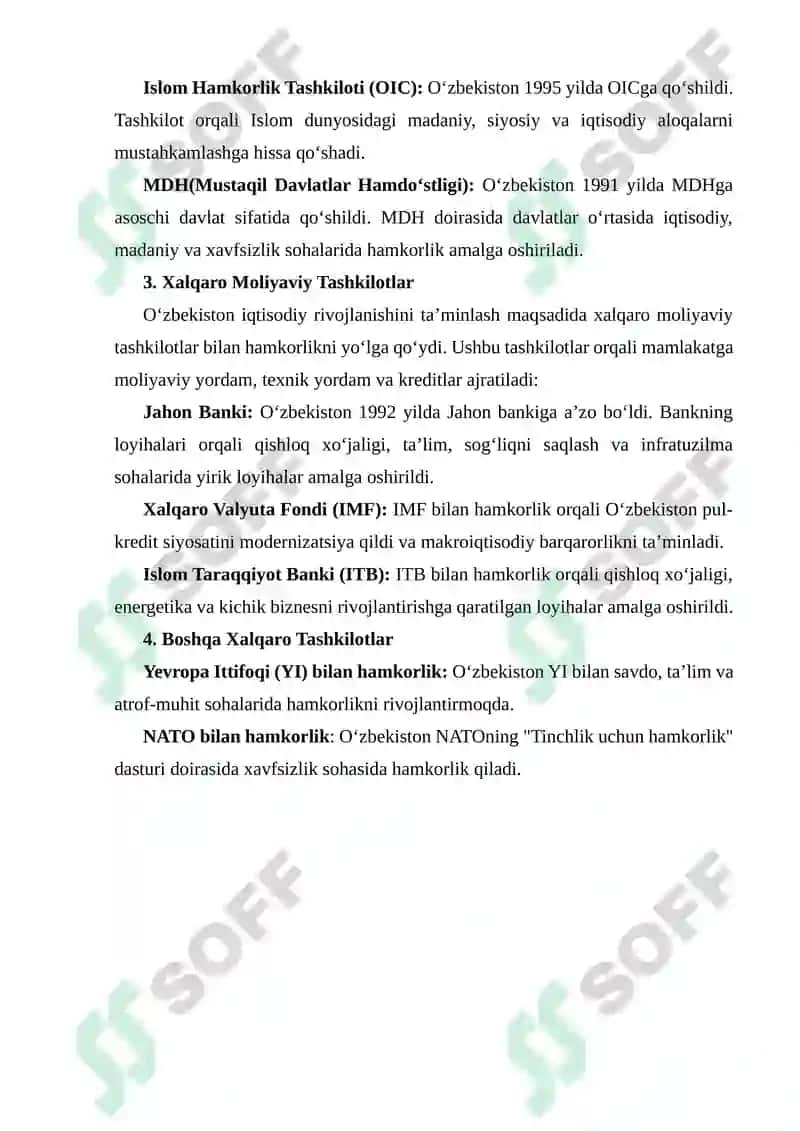O'ZBEKISTONNING XALQARO TASHKILOTLAR BILAN ALOQALARI 6