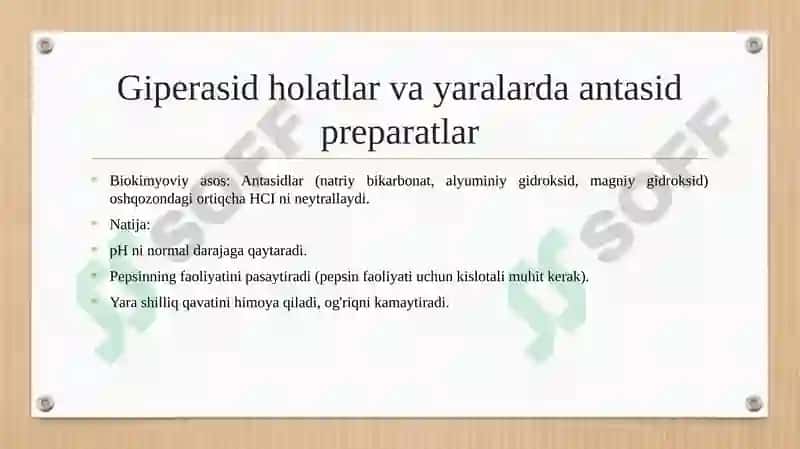 DISLIPOPROTENEMIYA TURLARI. OSHQOZON SUYUQLIGI TASHXISINING KLINIK AHAMIYATI. GIPERASID HOLATLAR VA OSHQOZON-ICHAK YARA KASALLIKLARIDA ANTASID PEREPARATLARNI QO'LLASHNING BIOKIMYOVIY ASOSLARI. 6