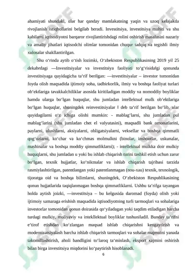 Mamlakat iqtisodiyotini rivojlantirishda investitsiyalarni o'rni va ahamiyati 6