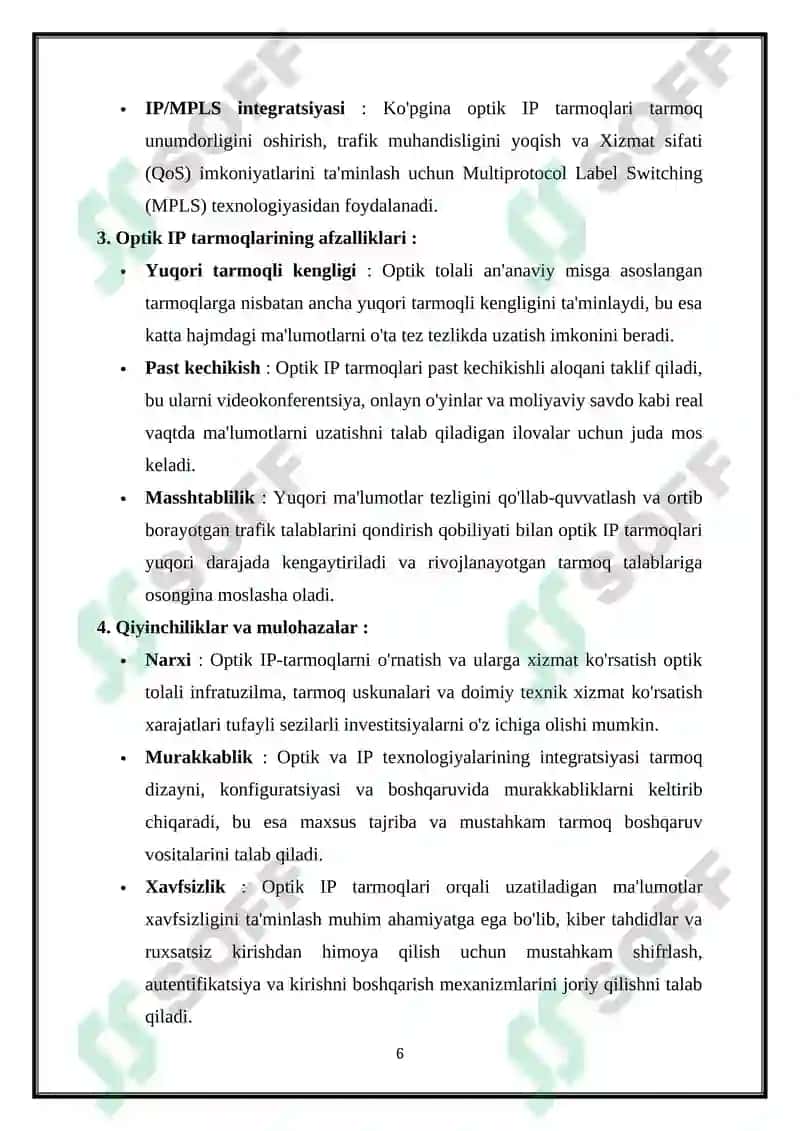 OPTIK IP -TARMOQLARDA XIZMAT KO‘RSATISH SIFATINING HUSUSIYATLARI 6