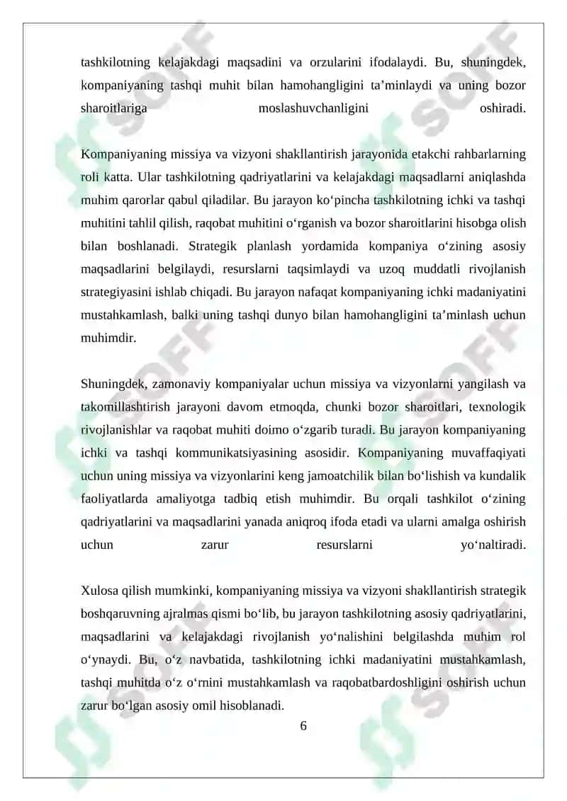 Kompaniyaning missiya va vizyoni shakllantirish 6