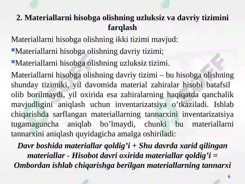 MATERIAL XARAJATLARINING HISOBI 6