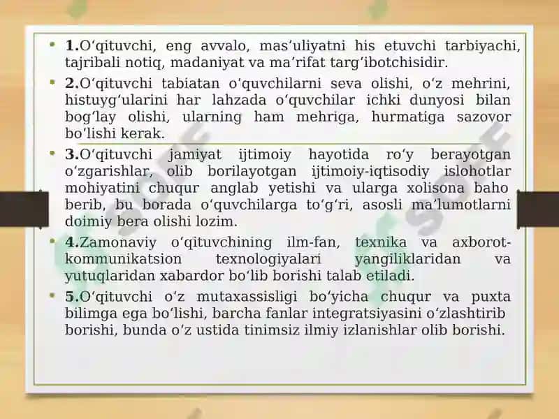Hozirgi davrda oʻqituvchilarning kasbiy mahoratini takomillashtirish. Oʻqituvchi  faoliyatida   pedagogik  qobiliyat va uning turlari. 6