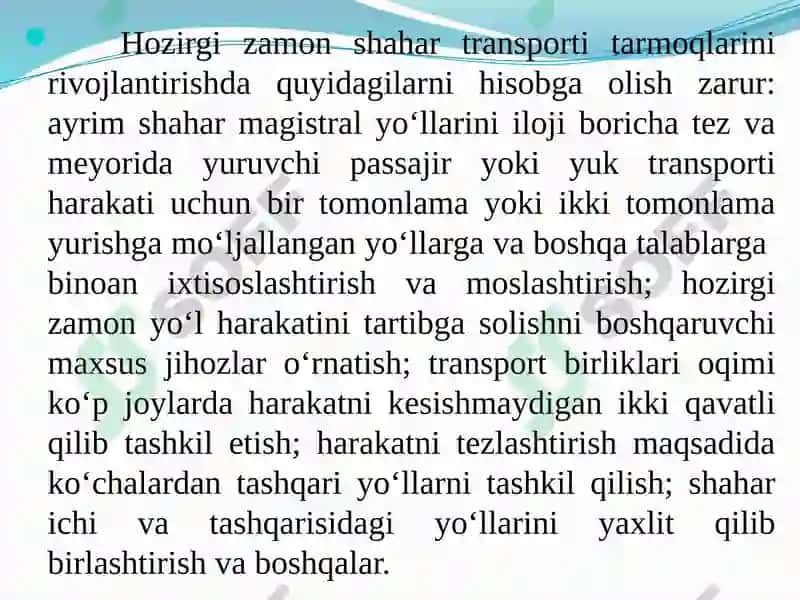 MАVZU №8. SHАHАR TRАNSPORTINING TEXNIK-IQTISODIY TАVSIFI VА RIVOJLАNISH MUАMMOLАRI 6