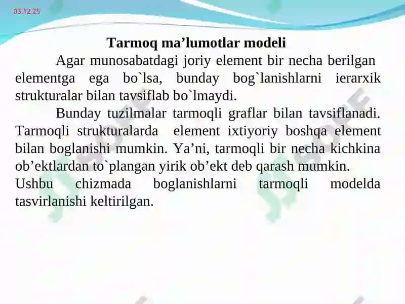 Bеrilganlarning iеrarхik mоdеli. Daraхtlar. Tеrma va shajaraviy fayl. Bir jinsli tuzilishlar. Bеrilganlarning tarmоq mоdеllari 6