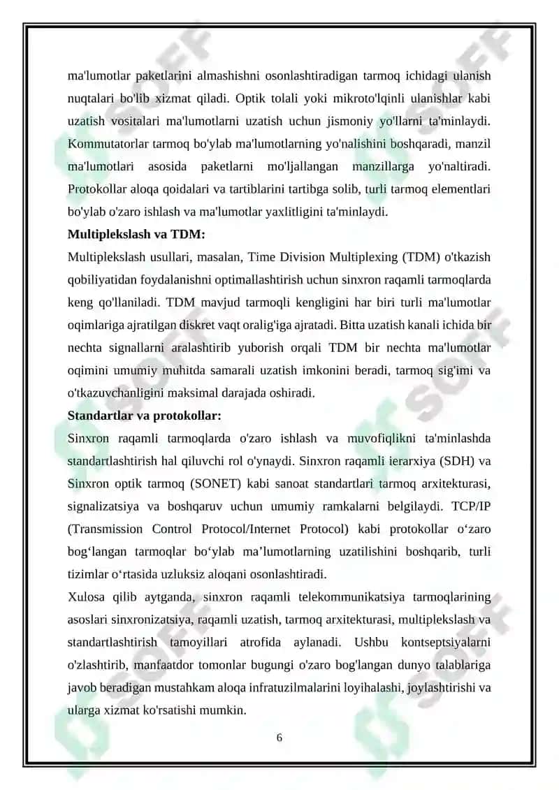 Sinxron raqamli telekommunikatsiya tarmoqlarida qoʻllaniladigan tizimlar tahlili 6