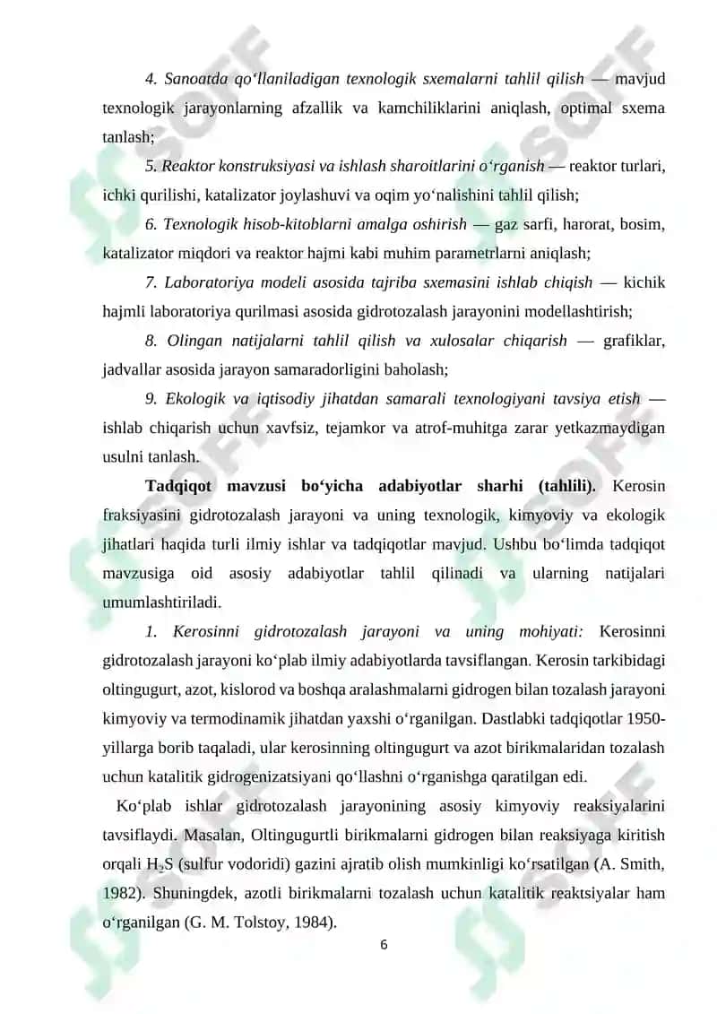 Kerosinni gidrotozalash jarayoni taxlili va reaktorni hisob 6