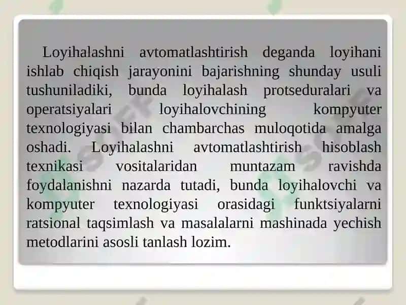 Zamonaviy avtomatlashtirilgan loyihalash tizimlari va ularni texnik sohalarda qo’llanilishi 6