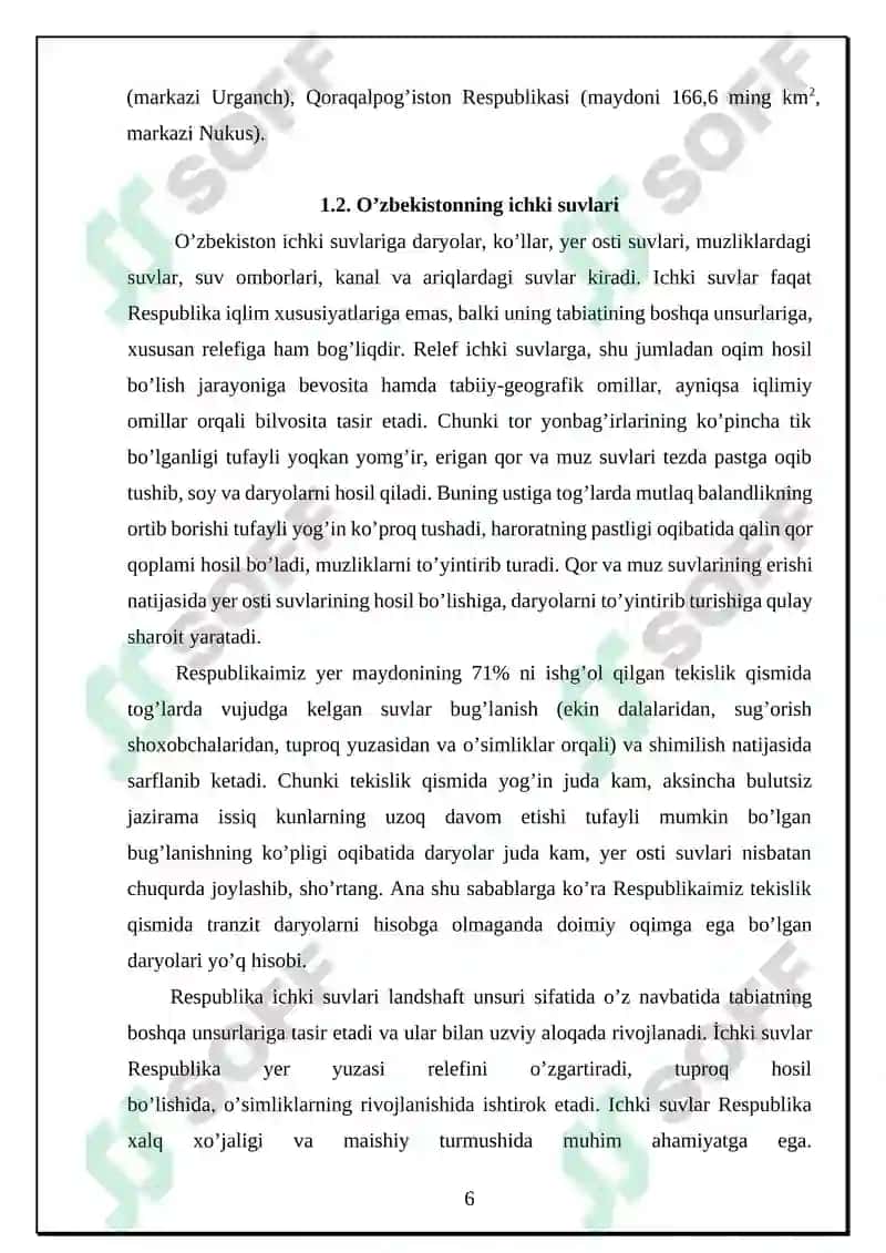 O‘zbekistonda suv oqimining hosil bo’lishi va yillik taqsimlanishi. O’zbekistonning daryolari kurs ishi 6