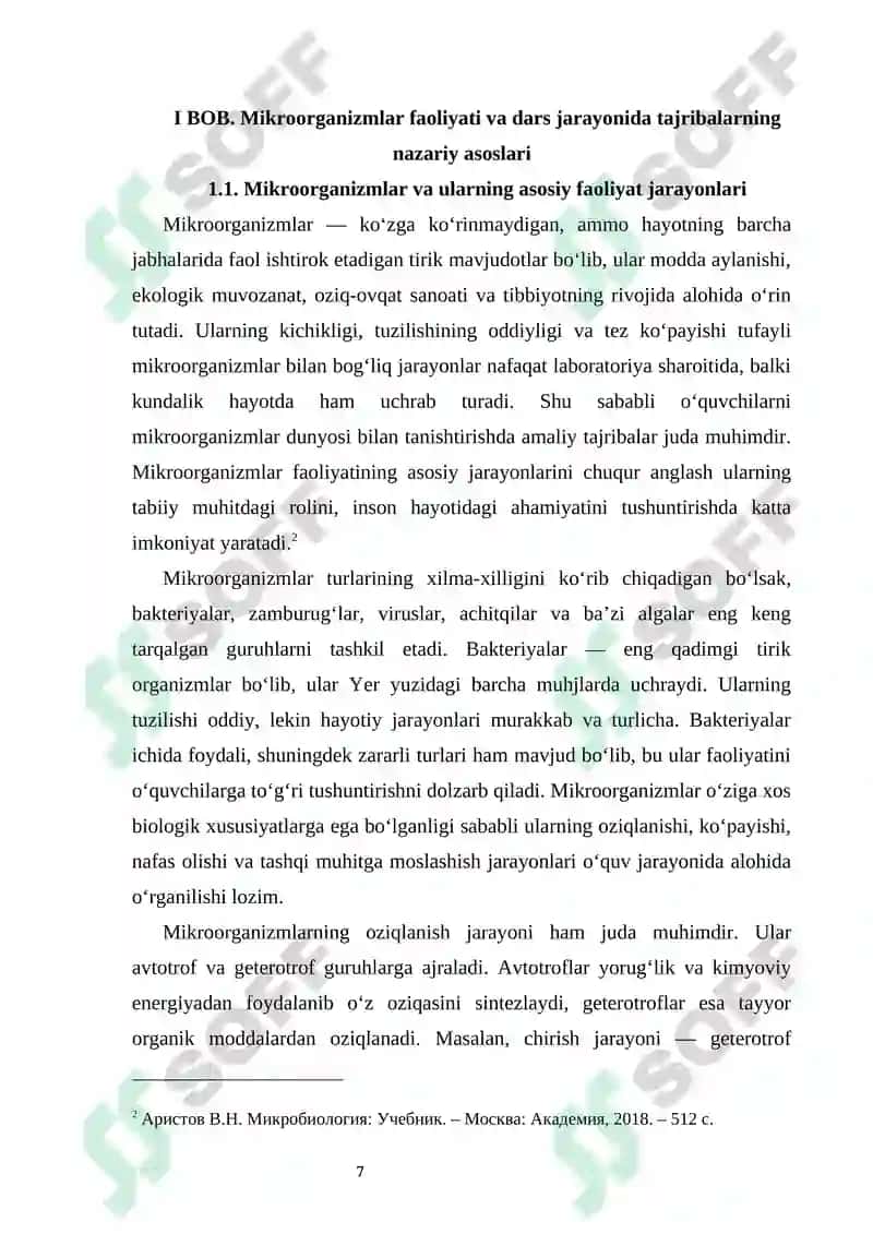 Mikroorganizmlar faoliyatiga oid tajribalarni o‘tkazish va ularni o‘quvchilarga ko‘rsatish metodikasi 6