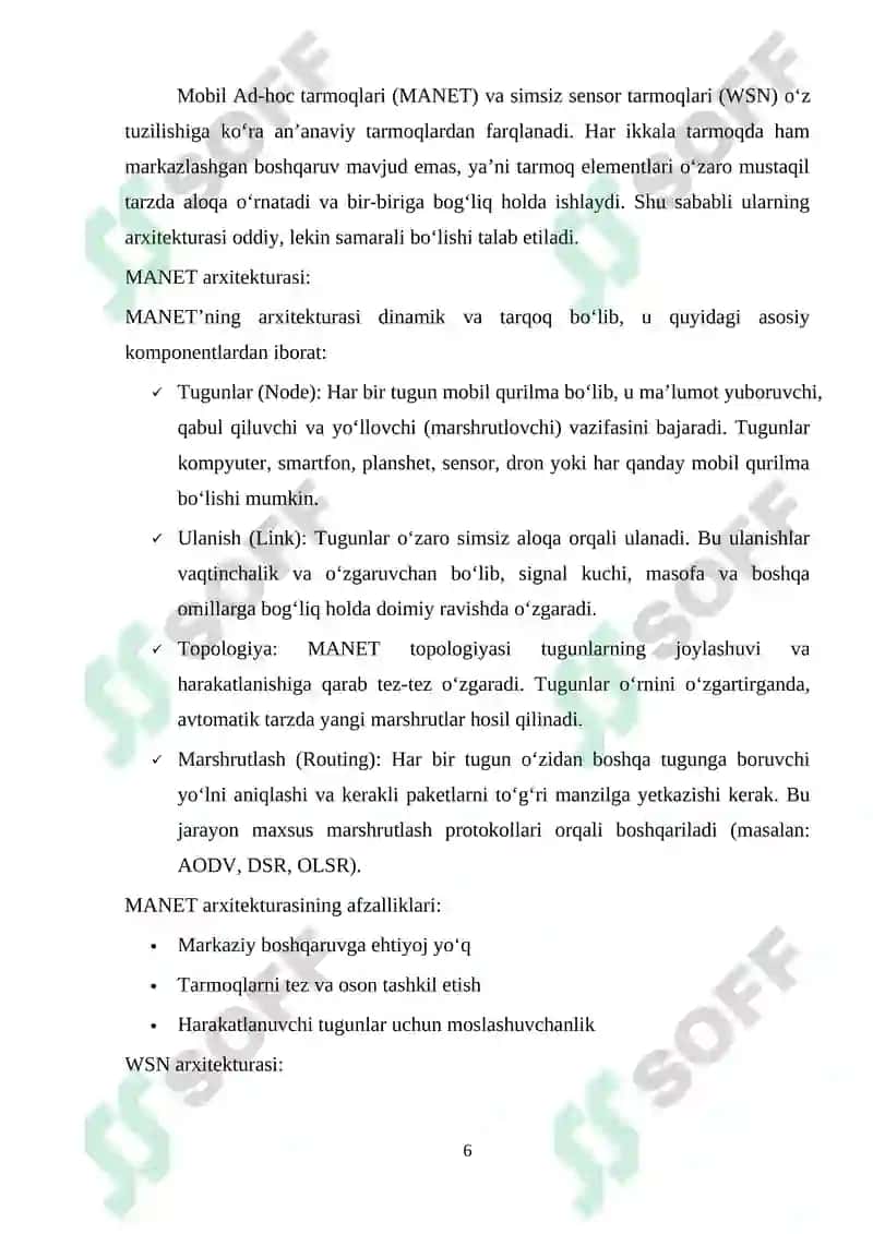 Mobil Ad-hoc tarmoqlari (MANET). Simsiz sensor tarmoqlari uchun protokollar 6