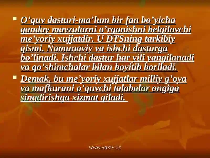 Davlat ta’lim standartlari o’quv reja, o’quv dasturining mohiyati va mazmunida tayyorlagan 6