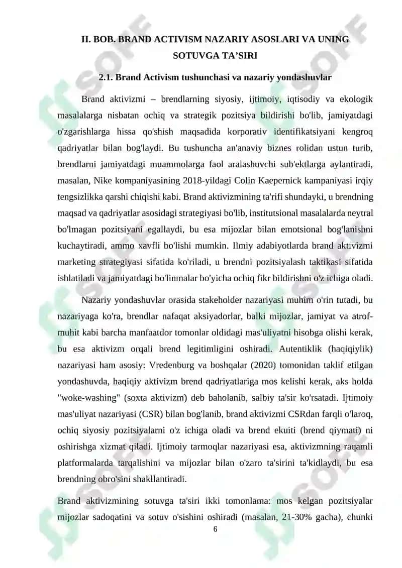 MAVZU: “BRAND ACTIVISM” – BRENDLARNING SIYOSIY VA IJTIMOIY POZITSIYASI SOTUVGA QANDAY TA’SIR QILISHI 6