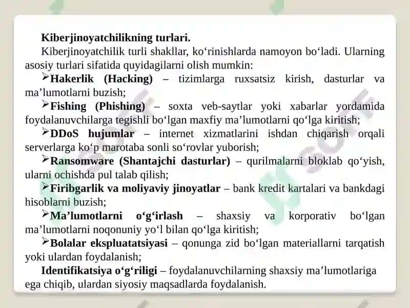 Internet tarmogʻida amalga oshiriladigan huquqbuzarliklar va ularga qarshi kurashish 6