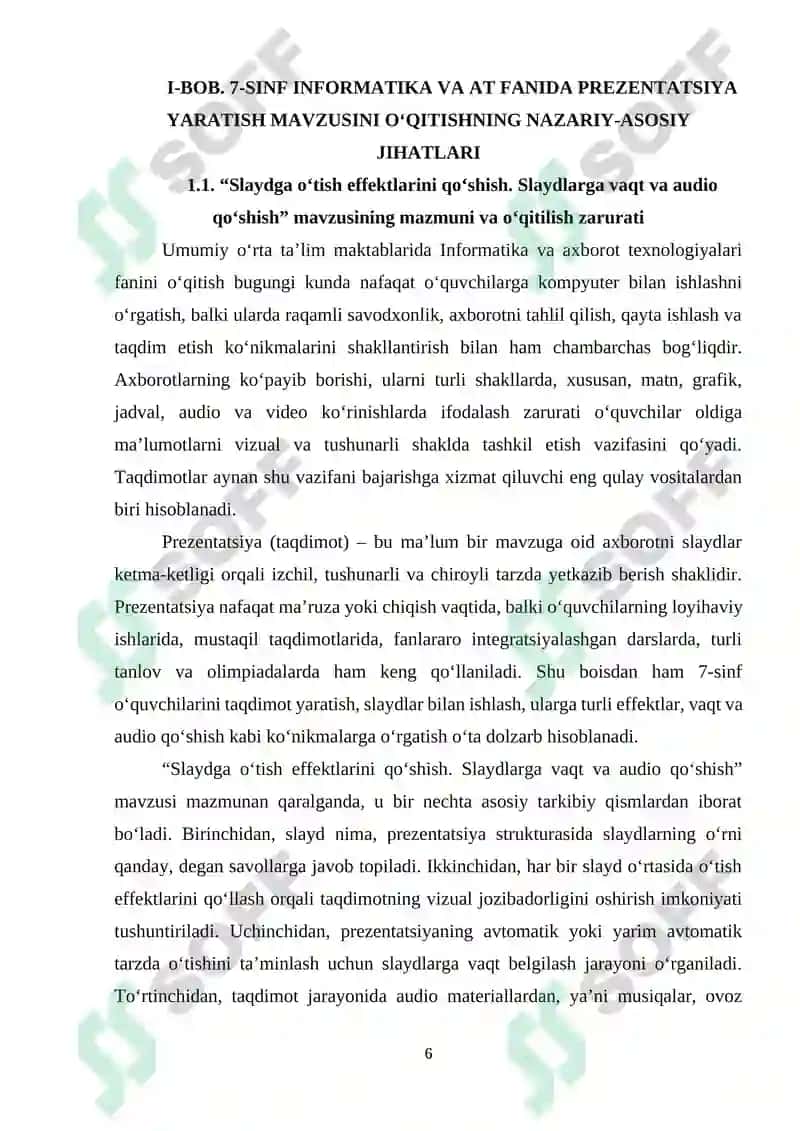 Umumiy orta talim maktablarining 7-sinfida Informatika va AT fanidan “Slaydga o‘tish effektlarini qo‘shish. Slaydlarga vaqt va audio qo‘shish” mavzusini o‘qitishda interfaol metodlardan foydalanish 6