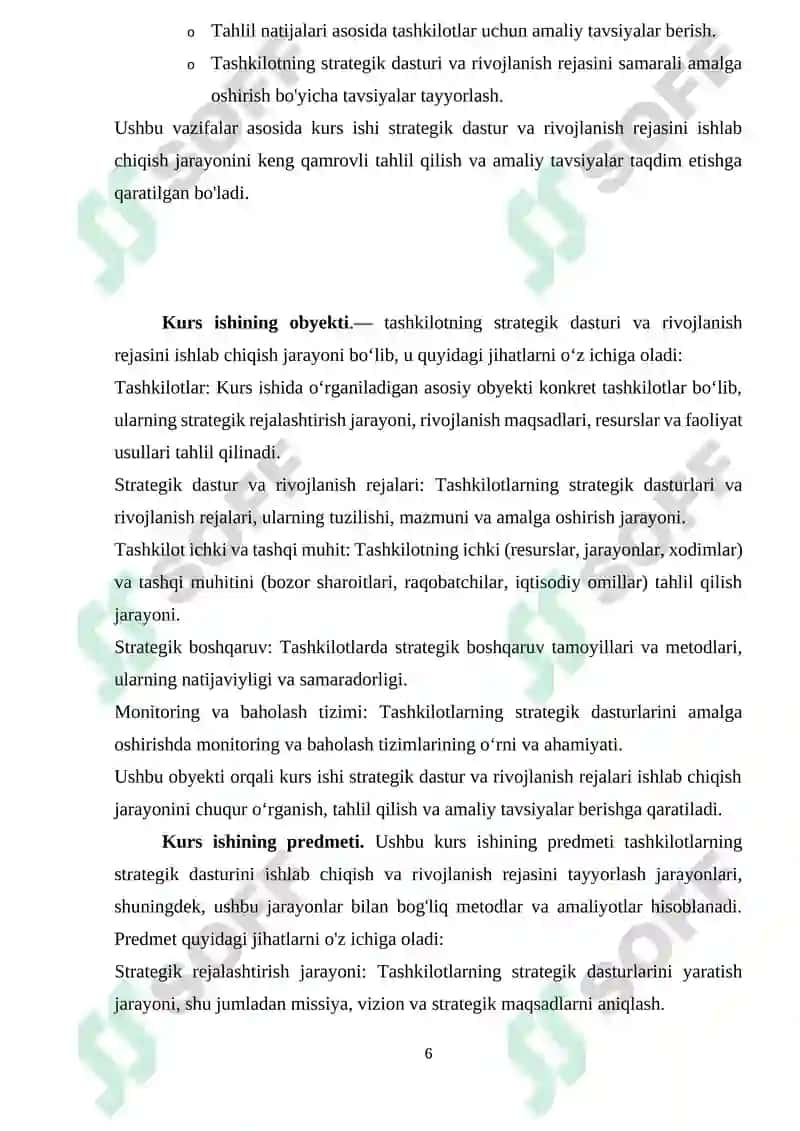 Tashkilotning strategik dasturi va rivojlanish rejasini ishlab chiqish 6