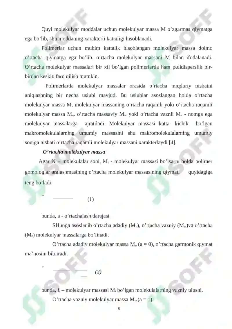 Yuqori molekulyar birikmalarning molekulyar massasi va uni viskozimetrik usulda aniqlash 6