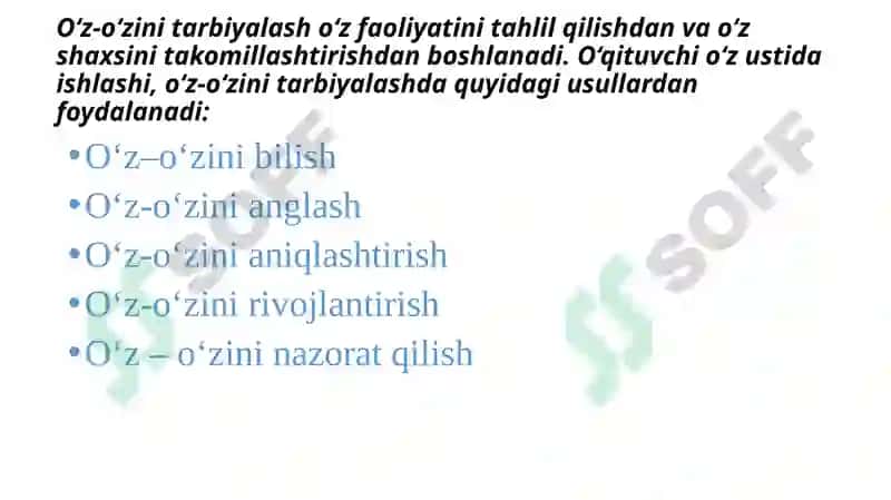 O‘Z-O‘ZINI TARBIYALASH VA O‘Z USTIDA ISHLASH. PEDAGOGIKA TAJRIBANI TO‘PLASH TIZIMI 6