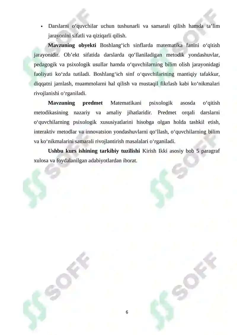 Matеmatika oqitishning psiхоlоgik asоslarini organish mеtоdikasi bоshlang`ich sinflarda 6
