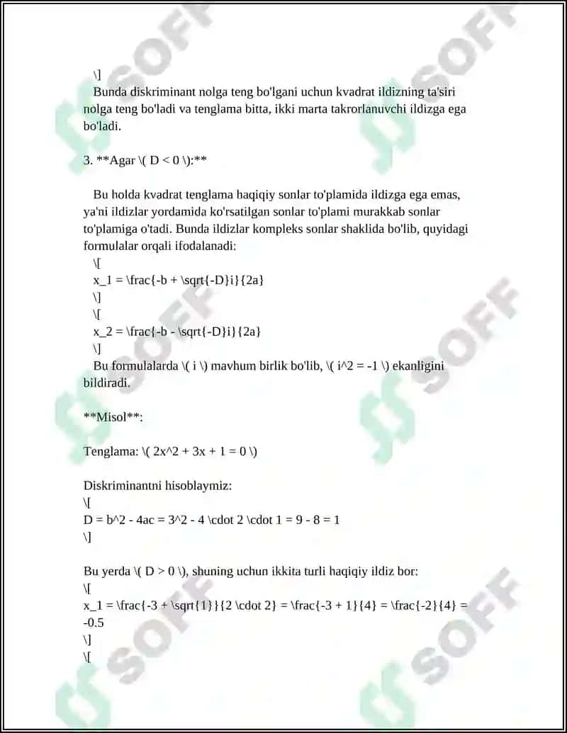 KVADRAT TENGLAMA ILDIZLARI 6