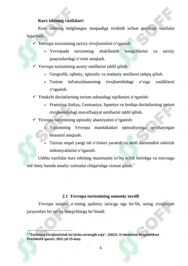 "YEVROPA TURIZMNING RIVOJLANISHI" mavzusida tayyorlangan KURS ISHI 6
