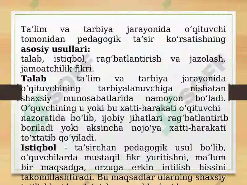 Pedagogik ta’sir koʻrsatish – kommunikativ qobiliyatning asosiy usuli sifatida. Pedagogik muloqot – oʻqituvchining ijodiy faoliyati sifatida. 7