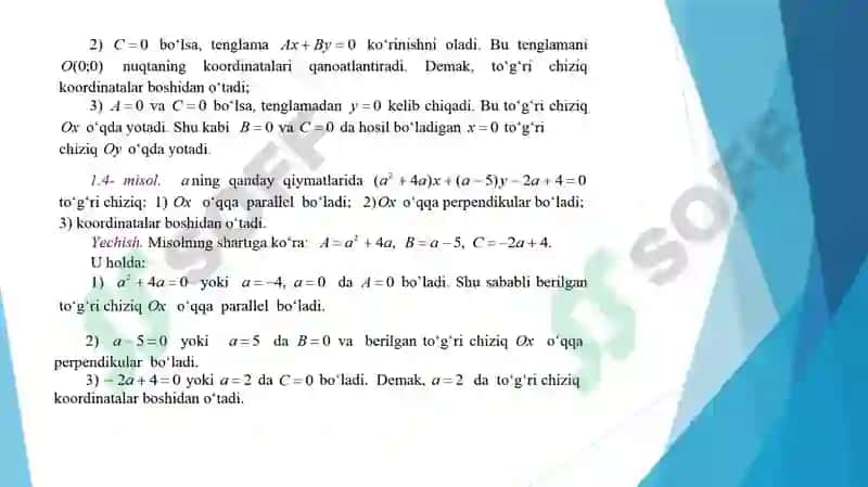 Tekislikda to’g’ri chiziq tenglamasini turli ko’rinishda berilishi. Tekislikda ikkita to’g’ri chiziq orasidagi burchak. Nuqtadan to’g’ri chiziqqacha bo’lgan masofa. 7
