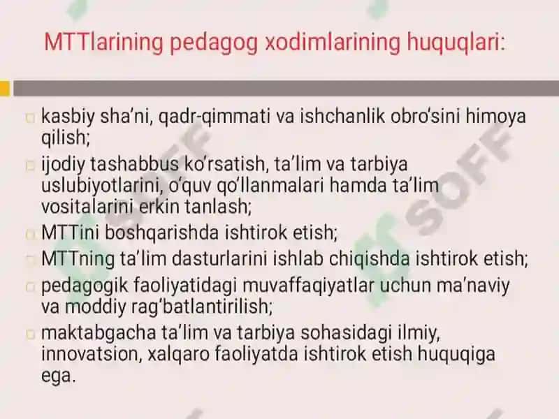 Maktabgacha ta'lim tashkilotlari   pedagog hodimlarining huquq va majburiyatlari 7