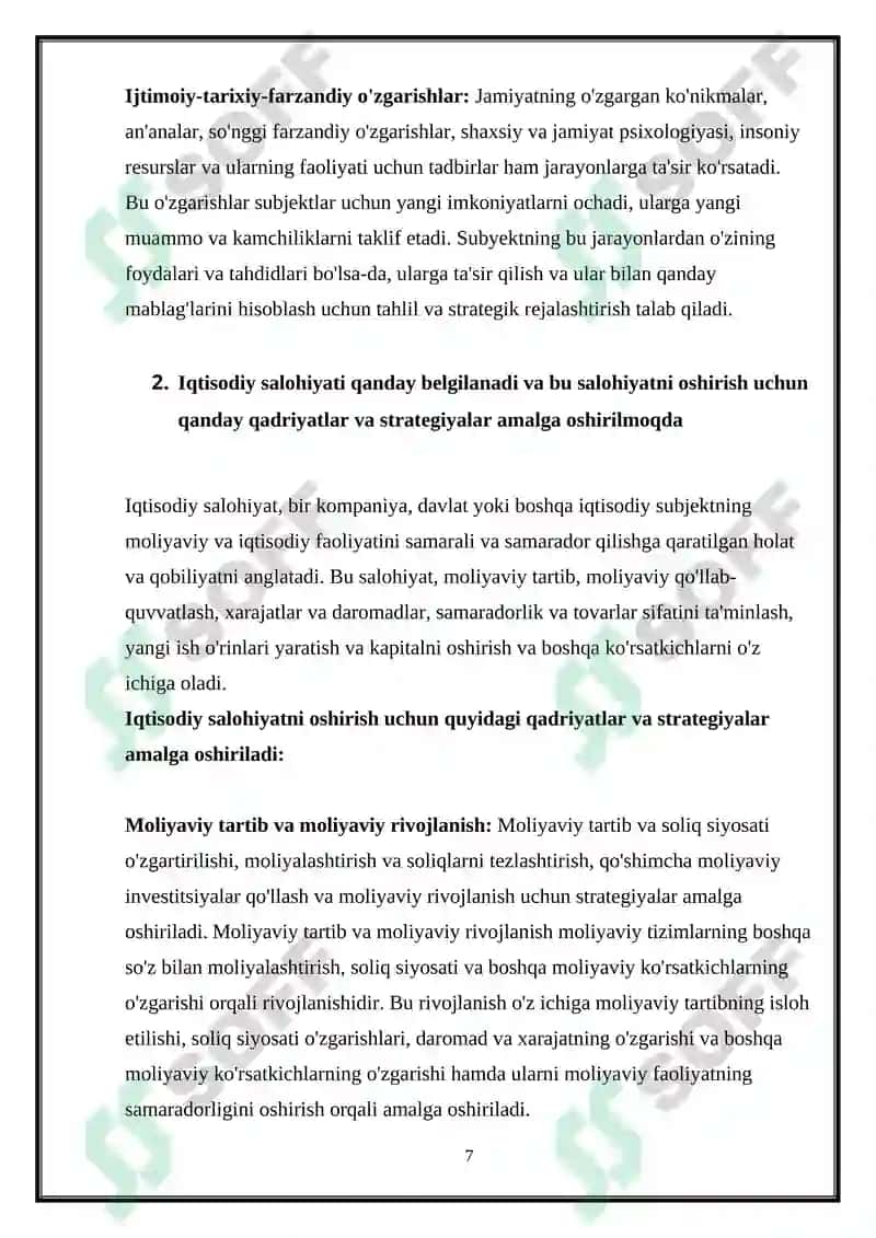 Subyektning ijtimoiy-iqtisodiy jarayonlari, iqtisodiy salohiyati, samaradorligi, omillari va koʻrsatkichlari tizimi REFERAT ISHI 7