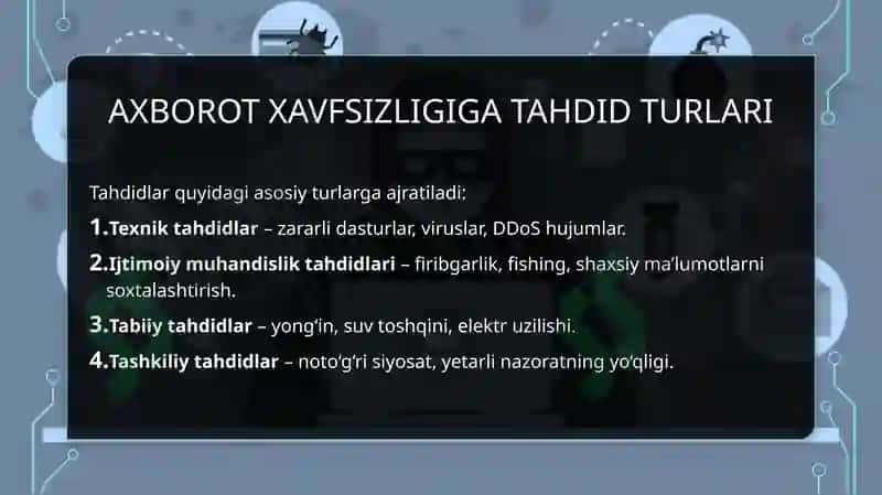 Axborot xavfsizligi va axborotlarni himoyalash usullari. Axborotlarni himoyalashning texnik va dasturiy vositalari 7