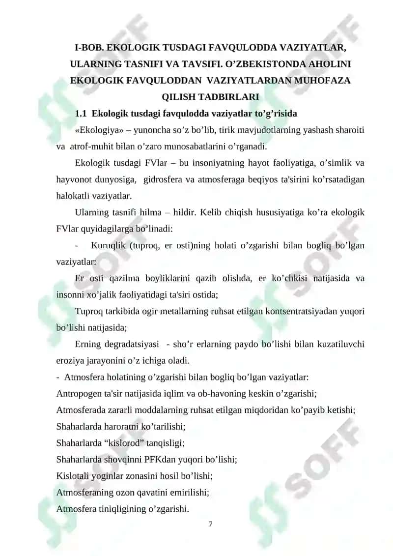 EKOLOGIK TUSDAGI FAVQULODDA VAZIYATLAR VA ULARNING OLDINI OLISH CHORALARI. 7