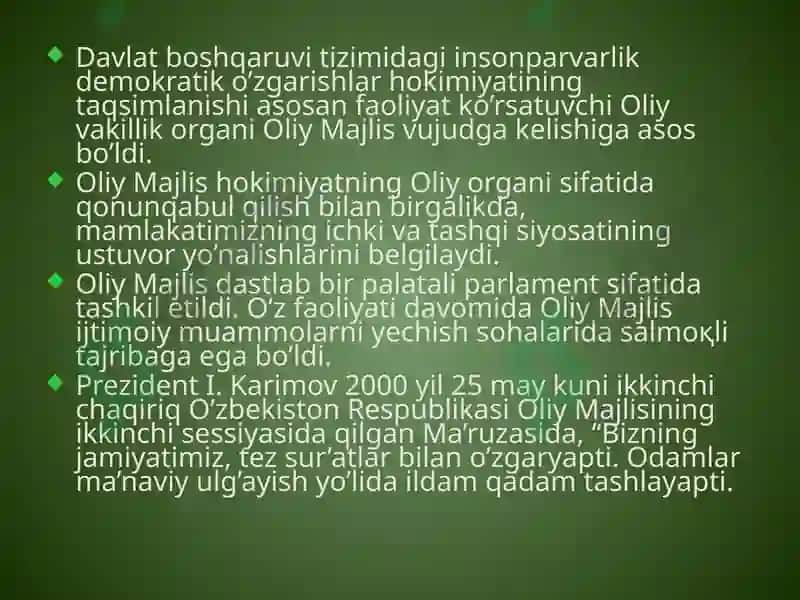 O’zbekiston Respublikasi Qonun chiqaruvchi hokimiyati 7