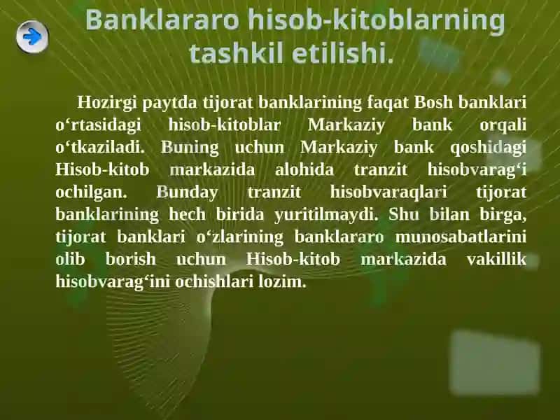 Banklararо hisоb-kitоblarni tashkil qilish, yuritish tartibi va hisоbi. 7