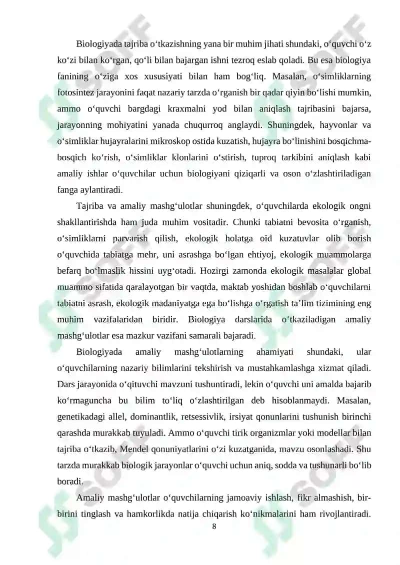 Biologiya fanini o‘qitish jarayonida tajriba va amaliy mashg‘ulotlarning roli 7