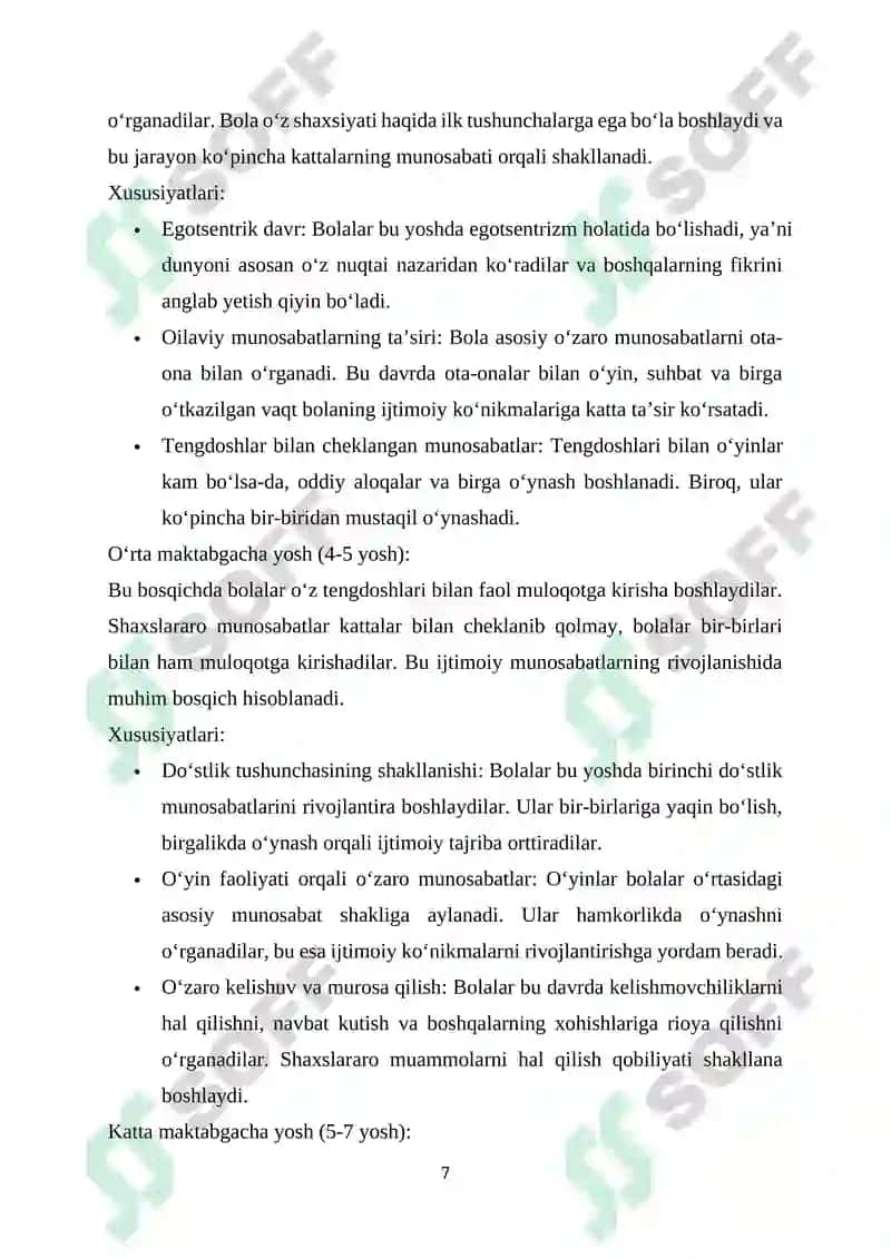 Maktabgacha Yoshdagi Bola Shaxsi va Shaxslararo Munosabatlarni O'rganish Kursi 7