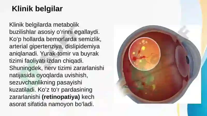 Qandli diabet. Kasallik simptomatikasi va tekshiruv usullari 7