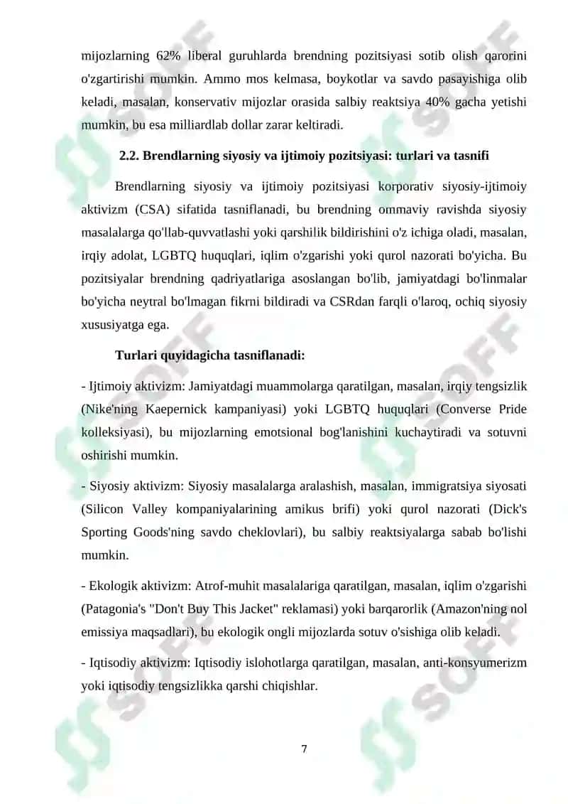MAVZU: “BRAND ACTIVISM” – BRENDLARNING SIYOSIY VA IJTIMOIY POZITSIYASI SOTUVGA QANDAY TA’SIR QILISHI 7